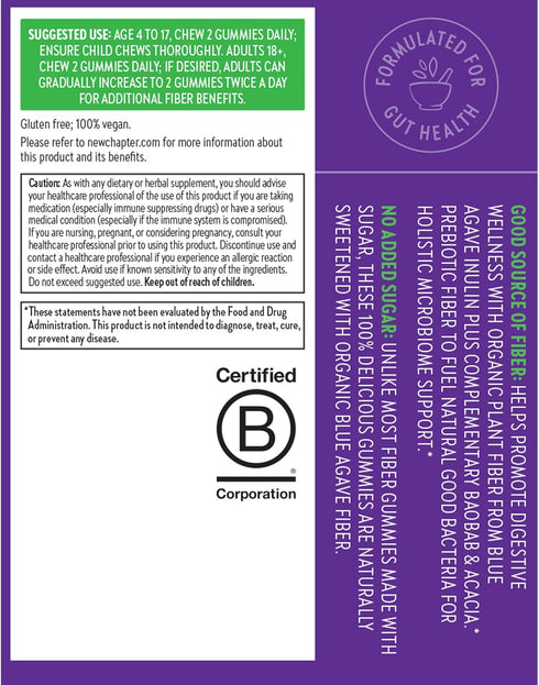 New Chapter Gummies 4+), 60 Organic Fiber for Adults & Kids (Age Plant-Based Prebiotic Fiber for Digestive Health