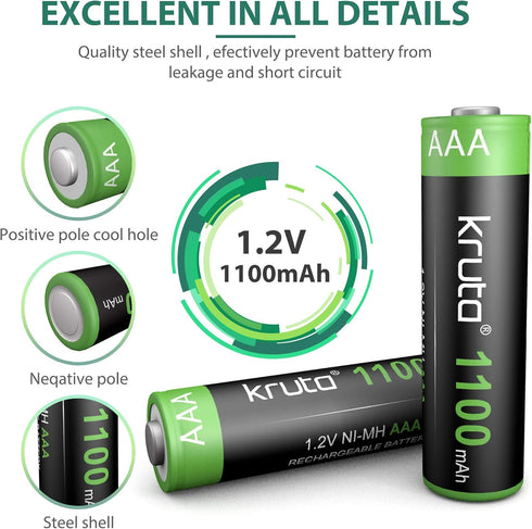 Kruta AAA 1100mAh High Capacity 1.2V Ni-MH Rechargeable Solar Lights Battery (Pack of 12)