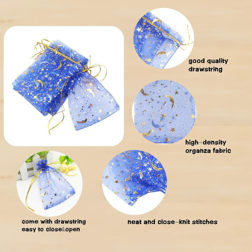 100 Pack 7x9 Inch Moon Star Organza Jewelry Gift Pouch, Drawstring Wedding Favor Bags, Royal Blue