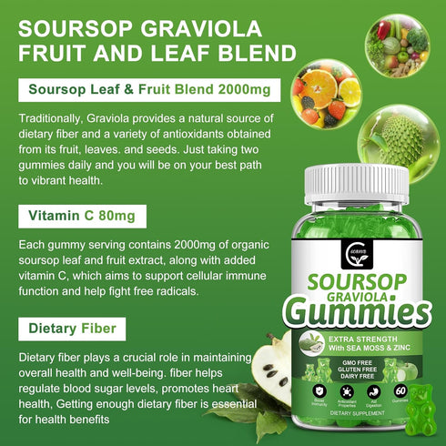 Organic Soursop Graviola Gummies, 2200mg Extra Strength, Zinc & Vitamin C, 60 Gummies, Vegan