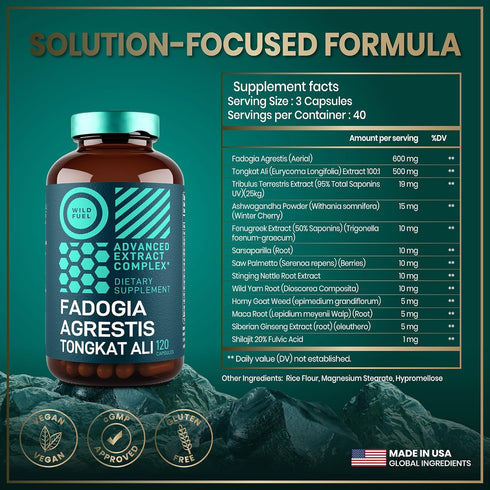 Fadogia Agrestis 600mg and Tongkat Ali 500mg Supplement - Muscle and Strength Support, Ashwagandha Maca Fenugreek