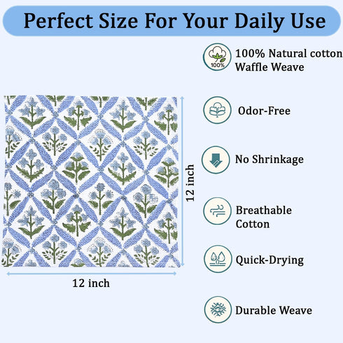 Set 12-12x12 Inch Ridhi Light Steel Blue Hand Block Print Cotton Waffle Dish Cloth of Super Absorbent, Soft, Reusable