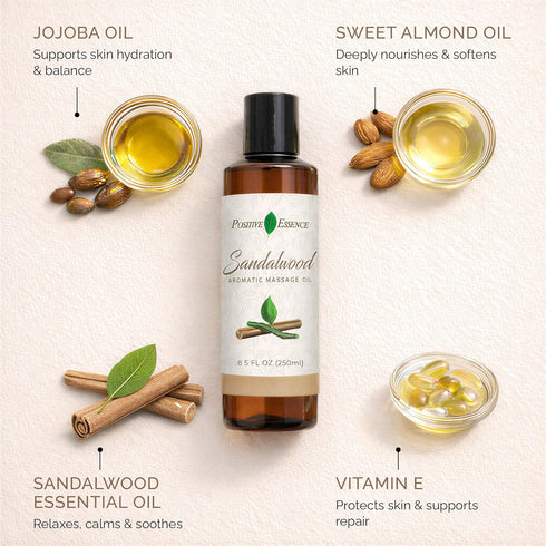 Sandalwood Massage Oil, Made with Jojoba, Vitamin E and Pure Sandalwood Essential Oil, Natural Body & Mind Relaxation