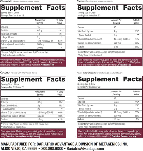 Bariatric Advantage Calcium Citrate Chewy Bites 500mg with Vitamin D3, Sugar Free - 90 Count for Bariatric Patients