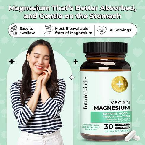 Future Kind Vegan Chelated Magnesium Supplement, 30 ct, Plant-Derived Magnesium for Sleep and Muscle Functions