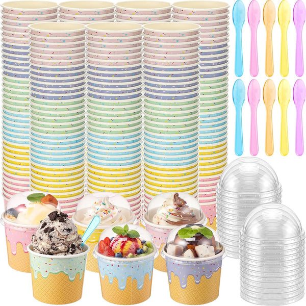 Jingmore 240 Set 4oz Ice Cream Paper Cups with Lids and Spoons, Disposable