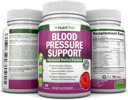 Blood Pressure Support Supplement - 13 Herbs & Vitamins with Hawthorn, Hibiscus, Garlic & Olive Leaf Extract - Non-GMO