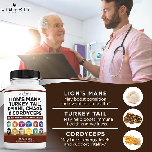 Lions Mane 3000mg 20in1 Mushroom Supplement - Turkey Tail 2000mg, Reishi 1000mg, Cordyceps, Chaga 1000mg - 3 Pack
