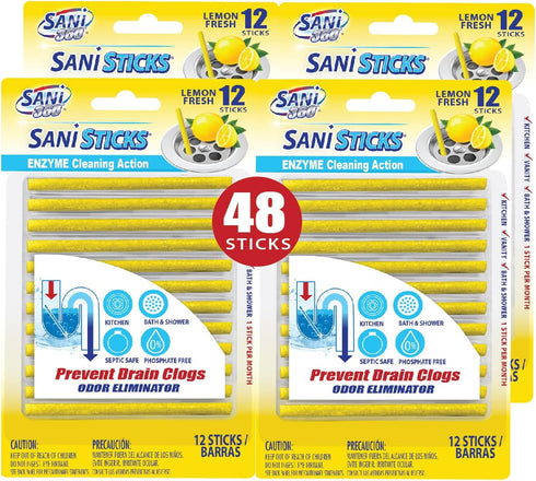 SANI 360° Drain Cleaner and Deodorizer, 48 Count, Lemon Scent Enzyme Pipe Cleaners, Safe for Sinks