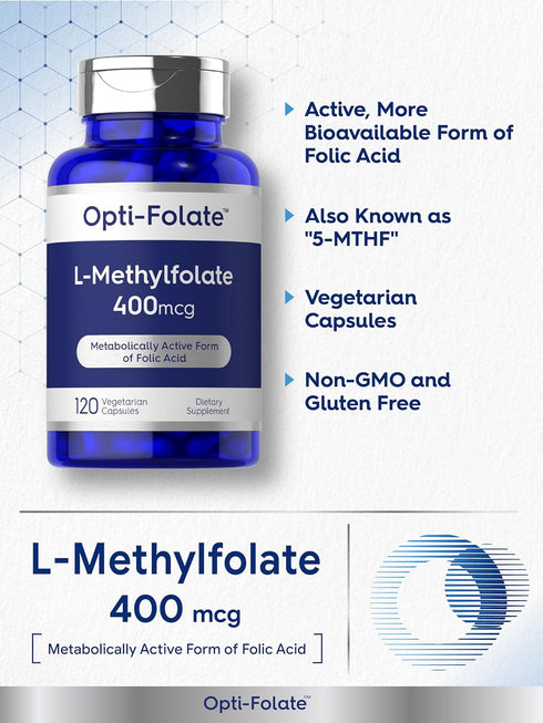 Carlyle L Methylfolate 400mcg, 120 Capsules, Vegetarian, Non-GMO, Gluten Free, Optimized Methyl Folate