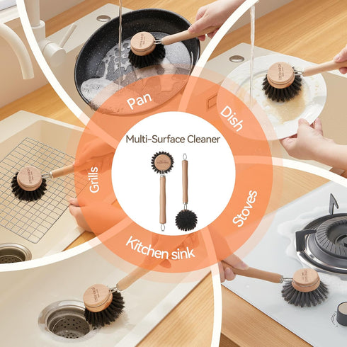 Little Seal Set 2, Dish Brush of Wooden Handle Natural Bristle Scrubber, Non-Scratch Grease Absorbent for Non-Stick