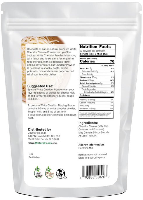 Nutrition-Packed, 1 lb. Z Natural Foods White Cheddar Cheese Powder, Creamy Cheese Powder, Perfect for Pizza, Mac