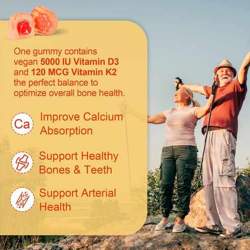 Vitamin D3 5000IU + K2 (MK-7) 120mcg, Sugar-Free Gummies with Vitamin B Complex, Supports Bone & Immune Health
