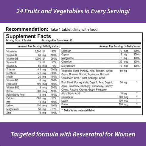 for Women, All Natural, Multivitamin, Multimineral, and Antioxidant with 24 Fruits and Vegetables as well as Biotin for Hair, Skin, and Nails. 1 Month Supply.