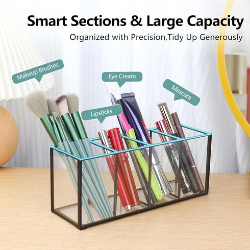 Luxurious Clear Glass Makeup Brush Organizer, Tempered Glass Cosmetics Storage Holder for Bathroom Decor (Black, 4