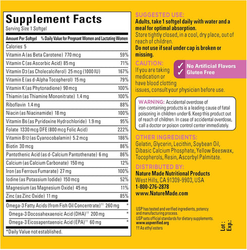 Nature Made Prenatal with Folic Acid + DHA, 110 Softgels for Daily Nutritional Support, 110 Day Supply