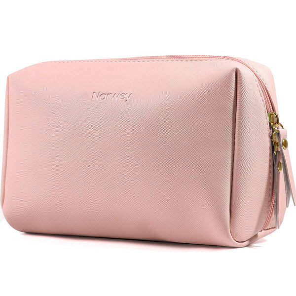Narwey PU Leather Pink Makeup Bag, Travel Cosmetic Bag Toiletry Organizer with Compartments for Women