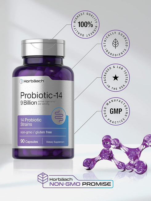 Horbaach Probiotics for Women & Men | 9 Billion CFU | 90 Capsules | 14 Strains | Non-GMO & Gluten Free