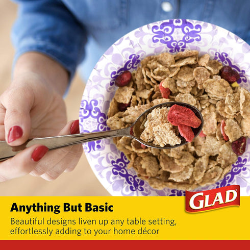 Glad Round Disposable Paper Bowls, Purple Victorian Design, Heavy Duty, 12 Oz, 20 Count