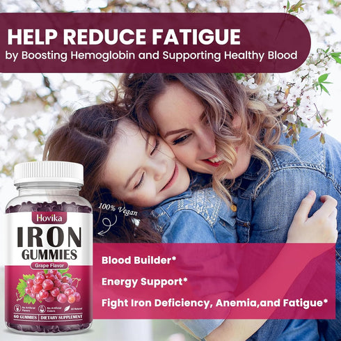 (2 Pack) Iron Gummies Supplement for Women & Men, Vegan Blood Builder with Vitamin C, B12, Folate - Grape Flavor, 120