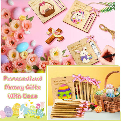 tmlfep 8Pcs Easter Money Holders for Cash Gift, Easter Wooden Money Holders Card Bunnies Ornaments for Holiday Tree