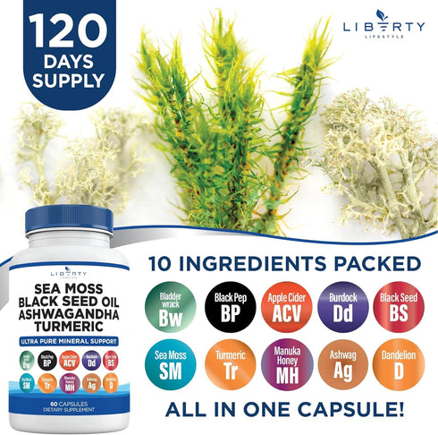 Sea Moss 3000mg, Black Seed Oil 2000mg, Ashwagandha 1000mg, Burdock 1000mg Root Mineral Support - 120 Count