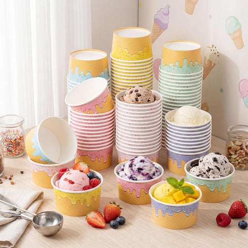 Jingmore 240 4/6/8 oz 6 Frozen Summer (8 oz) Pcs Ice Cream Bowls Paper Ice Cream Cups Containers Bulk Colors Disposable