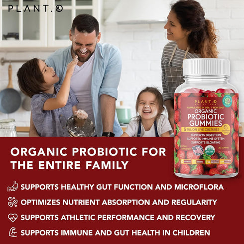Plant.O Organic Probiotic Gummies - 30 Chewable Probiotics, 5 Billion CFUs, Strawberry Flavor for Digestion & Immune