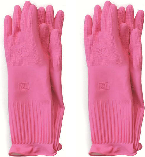 2 Pairs Reusable Waterproof Household Dishwashing Non-Slip Cleaning Latex Rubber Kitchen Gloves (Pink, XX-Large)