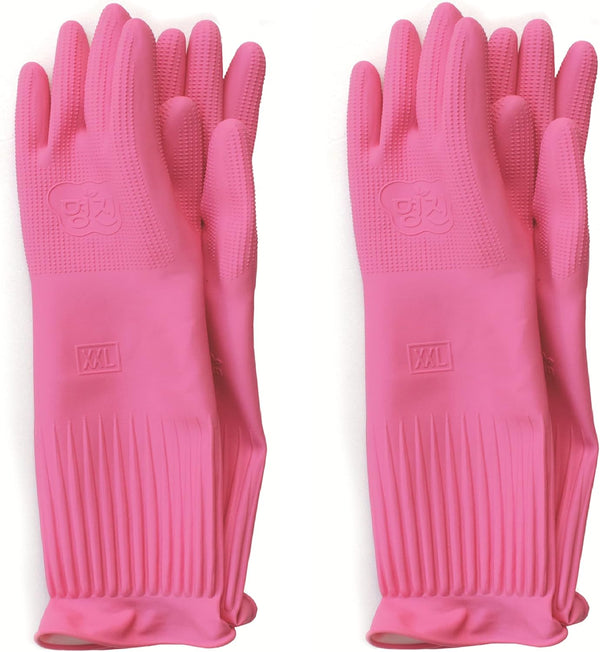 2 Pairs Reusable Waterproof Household Dishwashing Non-Slip Cleaning Latex Rubber Kitchen Gloves (Pink, XX-Large)