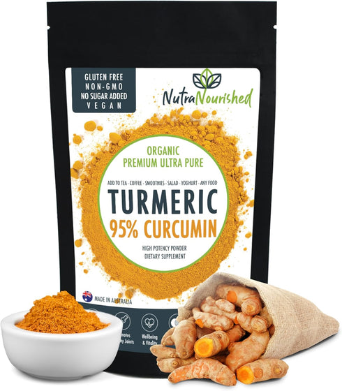 Pure Organic 95% Curcumin Powder - 1500mg Turmeric Extract with Black Pepper - Natural Wellness Support, 120g