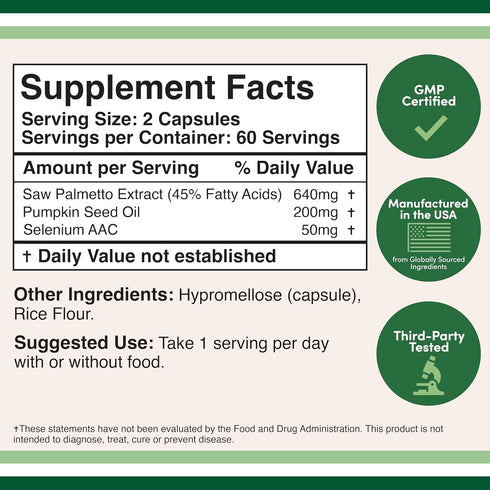 Prostate Support Supplement for Men's Health (120 Capsules) One Serving per Day for 30 Days Supports Prostate Function and Urinary Control (Saw Palmetto, Pumpkin Seed Oil, Selenium) by Double Wood