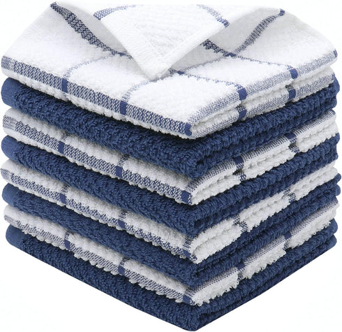 Cotton Grid Dish Cloths, Terry Cleaning Rags, 12 x 12 Inches, 8pc/Set, Blue Multi