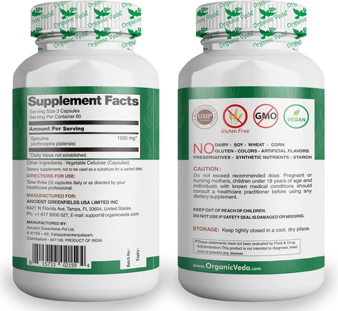 Organic Veda - Spirulina Capsules, Made with Blue Green Algae, Natural Spirulina Green Superfood Capsules, Supports Immune System, 120 Veggie Capsules