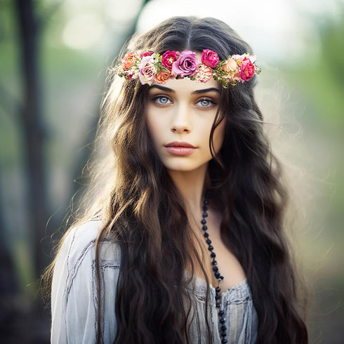 Vivivalue Pink Rose Flower Crown Boho Headband, Floral Halo for Wedding Party Festival Photos