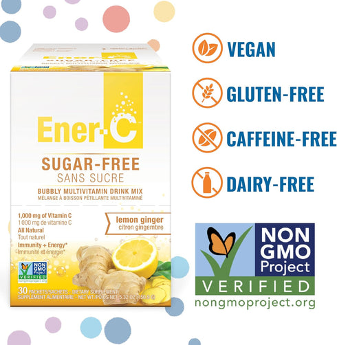 Ener-C Sugar Free Energy Lemon Ginger Multivitamin Drink Mix, 60 Count, Natural Immunity Support