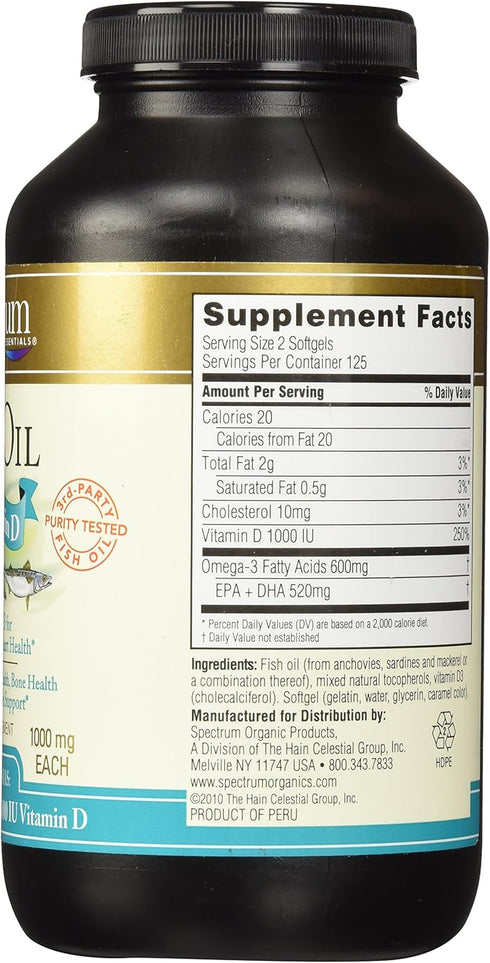 Spectrum Essentials Softgels, Fish Oil with Vitamin D, 1000 mg, 250 Count