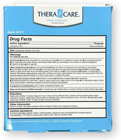 24-911 TheraCare Pain Relief 4% Lidocaine Patch, Simple Adhesive Application, Five Individually Wrapped