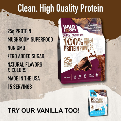 WILD SOCIETY Premium 100% Grass Fed Whey Protein Powder + Superfood Mushrooms & Adaptogens, 25g Protein, Clean Protein