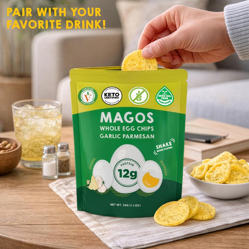 Pack 1.1 oz (12-Pack) Magos Egg Chips Variety Healthy Snack, High Protein Low Carb, Light Cracker-Style Crunch, Bags