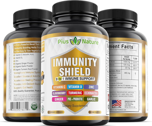 9-in-1 Immune Support Vitamin C (1000mg), D3 (5000 IU), Zinc (22mg) with Elderberry, Turmeric, Echinacea, Ginger,