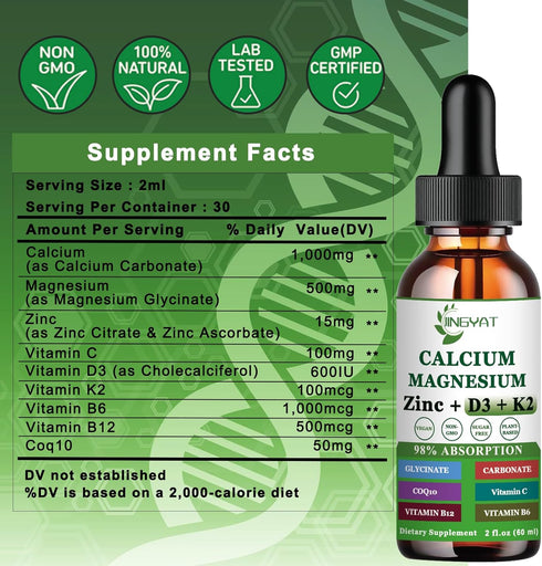 Calcium Magnesium Zinc Liquid Drops - 500mg Magnesium Glycinate, 1000mg Calcium with Vitamin D3, K2, B6, B12
