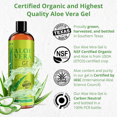 Seven Minerals Organic Aloe Vera Gel, 12oz, 100% Pure, Vegan, Unscented, for Face, Skin, Hair
