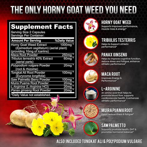 Super Strength Horny Goat Weed 1590 mg, 120 Capsules with Maca, Arginine & Ginseng, Joint Health