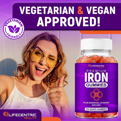 LifeCentricHealth Iron Gummies for Adults & Kids, Vegan Gluten Free Blood Builder