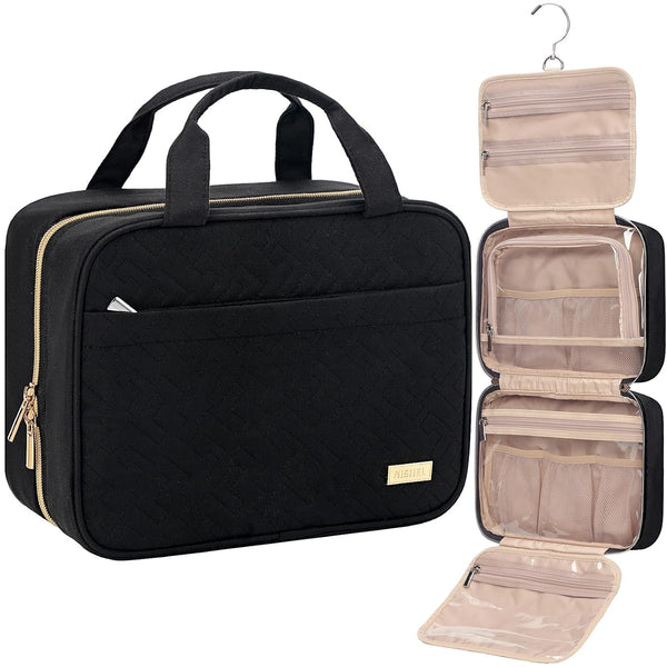 NISHEL Travel Toiletry Bag for Women - Portable Hanging Organizer for Full-Sized Shampoo and Accessories, Black