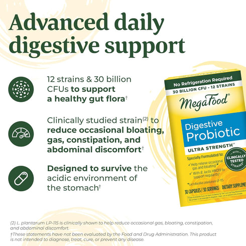 MegaFood Digestive Probiotic, 12 Strain Vegetarian Probiotics for Gut Health, 30 Billion CFUs, 30 Capsules