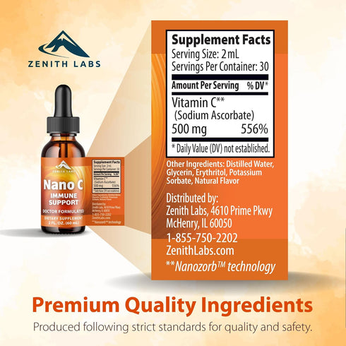 Zenith Labs Liquid Vitamin C Drops for Adults | Nano C Natural Immune Support | Vitamin C Liquid Supplement for