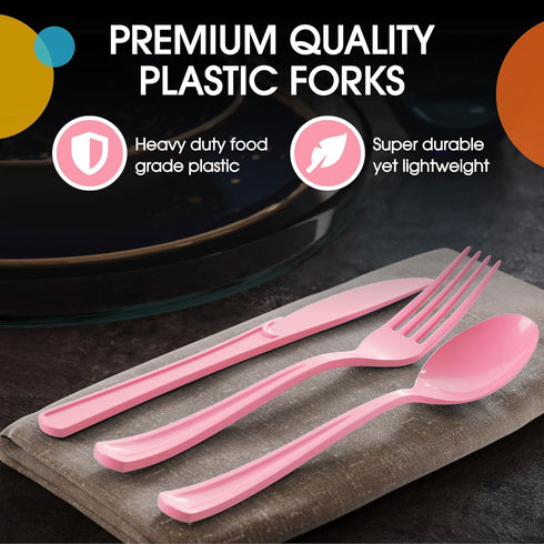 150 Pack Pink Plastic Cutlery Set, Heavy Duty Disposable Utensils for Party Supplies
