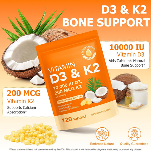 ZROGJBMK D3 K2, D3 K2 10000 2 1 200 (MK-7) Immune, D3 K2 120 Vitamin Vitamin iu Supplement With Coconut Oil Softgels
